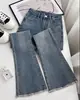 Calça Jeans Feminina Micro Escura Cintura Alta Verão Fina 2024 Nova Chegada Pequena Nove Pontos Solta Tendência Boca de Sino