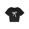 Camiseta Branca de Gola Redonda e Manga Curta para Mulheres, Novo Estilo de Verão, Estampa Simples de Laço, Top Curto Emagrecedor para Mulheres
