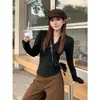 Blusa feminina estilo coreano, gola semiaberta, abotoada, manga longa, corte justo, camiseta casual com capuz para primavera, blusa básica 25296