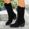 Comercio Exterior Tallas Grandes Europeas y Americanas Transfronterizas con Cordones Botas Romanas Gladiador para Mujer Otoño/Invierno 2025 Nuevas Botas Gladiador de Tacón Alto Grueso con Punta Redonda