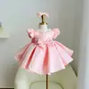 Novo Vestido de Primeira Festa de Aniversário para Meninas Saia Bufante Luxuoso Cetim Vestido Princesa Mangas Bufantes Laço Vestido de Festa