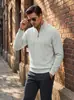 Suéter de malha masculino listrado com textura waffle para primavera e outono, de manga comprida, com meio zíper e gola alta, estilo sweatshirt americano