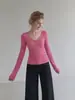 Ummoimoi Camiseta de Manga Larga con Cuello en V Rosa de Alto IQ con Cintura Ajustada para Mujer Estilo Suave de Otoño Corte Ajustado Capa Interior Capa Exterior Top