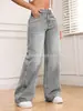 Jeans de Pierna Ancha Sueltos de Tiro Alto Estilo Retro Gris Cielo Transfronterizos para Mujer, Estilo Europeo y Americano, Pantalones Largos Rectos Ajustados Slim-Fit de Amazon