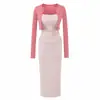 Estilo Puro Deseo Comic Coreano Cintura Fruncida Adelgazante Bodycon Mini Vestido Cárdigan Conjunto de Dos Piezas