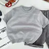 Estilo Floresta de Oxigênio Ins~Conjunto de Verão para Meninos e Meninas Novo Elegante Cor Sólida Malha Manga Curta Calça Casual Roupa Infantil
