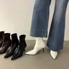 Nuevas botas cortas para mujer para primavera y otoño, de tacón alto, nuevas botas cortas blancas de punta fina y tacón medio, ajustadas