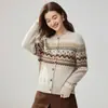 Cárdigan de Punto Jacquard Geométrico Retro Estilo Fair Isle Otoño Invierno para Mujer Cuello Redondo Botón Manga Larga Corte Holgado Suéter Ropa de Abrigo
