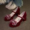 Novos Sapatos Mary Jane de Salto Grosso com Tira de Laço em Cetim Estilo Pequeno Perfume Salto Alto para Mulheres - Primavera 2025