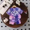 Comercio Exterior Ropa Infantil Verano Conjunto Bebé Rosa Morado Degradado Tie-dye Estampado Doble Corazón Camiseta + Pantalones Cortos Sueltos Conjunto de Dos Piezas