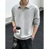Camisa polo lisa de manga comprida, minimalista, para homens, corte solto, versátil, novo estilo moderno, adequada para o trabalho e uso casual, com design patchwork e gola alta