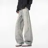 Calça Jeans Lavada Estilo Retrô Americano Tie-dye Salpicado Estampa de Patinha de Gato Masculina Estilo Primavera 2026 Perna Reta Solta Calça Longa