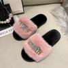 Chinelo Peludo de Corrente Nova Transfronteiriço Moda Feminina Quente Pelúcia Grande Strass Plano Comércio Exterior