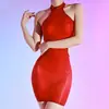 912 Sexy Escote Halter Medias de Seda de Caballo Bodycon Falda, Ajustada Sedosa Sin Espalda Romántica Mono Falda Corta de Aceite de Caballo