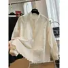 Camisa Fina de Manga Longa Crochê com Gola Cogumelo Recorte Estilo High-End Outono Inverno Top Camisa Estilo Francês Feminino