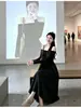 Vestido negro de manga larga sin hombros, ceñido a la cintura estilo francés, cuerpo en forma de pera, vestido largo de alta gama Berkeley, atuendo de cumpleaños
