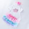 Roupa infantil atacado vestido de aniversário de bebê vestido de princesa manga curta para recém-nascido conjunto de três peças para bebê