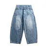 Jeans Anchos de Pierna Recta Sueltos Casuales para Hombre Estilo Retro Americano Nanxia con Doble Cintura y Parches Desconstruidos