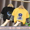 Camiseta masculina com retalhos listrados, manga longa, primavera e outono, algodão puro, blusa casual infantil, peça básica, roupa de outono, corte solto