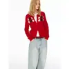 Cardigã de tricô vermelho vintage com gola redonda e padrão de losangos para mulheres, estilo francês outono e inverno, toque de alta qualidade, peça externa tipo suéter jacquard color-blocking