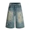 L803 Calle Principal Americana Neutro Gama Alta Retro Diseño de Puntos de Tinta Pintado a Mano Pantalones Cortos de Mezclilla Sueltos para Hombre de Tres Cuartos