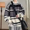 Suéter para hombre, estilo japonés, retro, a rayas, con base contrastante, suéter grueso y holgado de marca de moda para otoño e invierno.