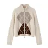 Chaqueta cárdigan tejida para mujer 100% cachemira pura, gruesa, holgada, adelgazante, con mangas raglán, cuello alto de rombos y cierre de cremallera