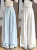 Pantalones de traje azul bruma azul leche para mujer, Novedad Verano 2026 Cintura Alta Adelgazantes Casuales Sueltos de Seda Helada con Caída Pantalones de Pierna Ancha