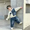 2026 Nuevo Conjunto para Niños Primavera y Otoño Ropa de Otoño para Bebé Bloque de Color Mezclilla Botones Conjunto de Dos Piezas Ropa Elegante para Niños