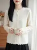 Cardigan de Lã Penteada com Renda de Organza, Gola Redonda, Tricô, Manga Longa, Jacquard, Modelo Solto, Nova Coleção Primavera/Verão 2026