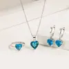 0003 Moda Europeia e Americana Anel Colar Brincos em Formato de Coração Vermelho Azul Verde Amarelo Branco Conjunto de Joias de Três Peças com Diamante de 5 Cores