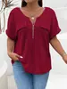 2025 Amazon Primavera/Verano Nuevo Top de Color Sólido Talla Grande para Mujer Cremallera Manga Corta Bolsillo Falso Jersey Camiseta Ajuste Holgado