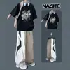 2026 Novo Conjunto Casual de Calça Longa com Zíper Duplo e Camiseta de Algodão 220g com Ombro Caído e Manga Curta Masculino de Alta Qualidade Pequeno Oxford