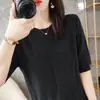 Cuello redondo manga corta tejido de punto de algodón puro capa base verano nuevo estilo elegante patrón calado color liso simple versátil top ropa de mujer