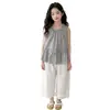 Conjunto Casual Sem Manga para Meninas 2026 Estilo Verão para Crianças Maiores, Camisa Boneca Xadrez, Colete, Calça Wide Leg com Barra de Renda, Calça Cropped