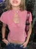 Sexy Top de Moda con Rayas Rojas y Diseño Hueco, Retro Europeo y Americano Transfronterizo Chica Caliente Nueva Camiseta de Manga Corta