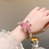 Laço de Cabelo Rosa Cristalino Coreano de Urso Cheio de Diamantes Alta Elasticidade Corda de Cabelo Durável Acessório para Rabo de Cavalo Alto