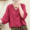 Ropa de Té Zen Corta Holgada de Manga Tres Cuartos y Cuello en V de Principios de Otoño Talla Grande Nuevo Estilo Chino Botón de Rana Top de Algodón para Bebé Mujer