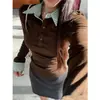 Camiseta Sexy de Manga Larga con Cuello de Solapa y Costuras de Contraste a Cuadros para Mujer, Camiseta Interior de Otoño e Invierno con Cintura Entallada