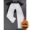 Calça Moletom Esportiva Branca e Cinza de Corte Diagonal para Homens, Nova Coleção Outono 2025 Estilo Retrô Americano, Calça Reta Solta