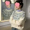 Suéter Fair Isle Retrô Outono Inverno Feminino Preguiçoso de Alta Qualidade Jacquard Pesado Gola Redonda Pulôver Malha de Lã Engrossada