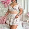 Conjunto de Pijama Sexy de Malla con Estampado de Encaje Tallas Grandes Europeas y Americanas Falda Corta Lencería Floral Sexy Transparente
