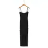 Vestido de tirantes de malla sexy elástico, superventas transfronterizo para mujer, con un diseño elegante, plisado, ajustado, bodycon, vestido largo hasta la rodilla