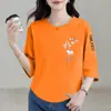 Moda de Comercio Electrónico Transfronterizo para Mujer Nuevo Estilo Camiseta de Manga 3/4 Más Vendida Ropa de Verano Rejuvenecedora para Mamás Top Holgado Adelgazante