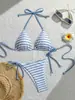 Novo Biquíni Listrado Azul e Branco com Amarração no Pescoço 2026 Europeu e Americano Sexy Triângulo Roupa de Banho de Duas Peças para Mulheres