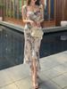 Vestido francés de tirantes finos con escote cuadrado y espalda descubierta con volantes, disponible para mujer. Vestido floral que realza la cintura, ideal para el verano.