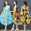 Vestido Colete de Algodão e Seda Plus Size Verão Novo Estilo Étnico Roupas Femininas Retrô Literário Estampado Sem Mangas Saia Longa