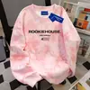 Sudadera Redonda con Estampado de Letras Retro Diseño Americano Tie-Dye para Mujer Otoño e Invierno Moda de Calle Marca Estilo Perezoso Top