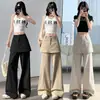 Algodón lavado con diseño estilo americano y detalle en el panel trasero, pantalones de pierna ancha para mujer, efecto dos piezas, pantalones casuales adelgazantes y ligeramente acampanados