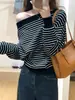 Tejidos de Rayas Únicos y Hermosos para Mujer para Usar en Primavera, Otoño e Invierno Estilo Coreano Chic Tops con Hombro Descubierto